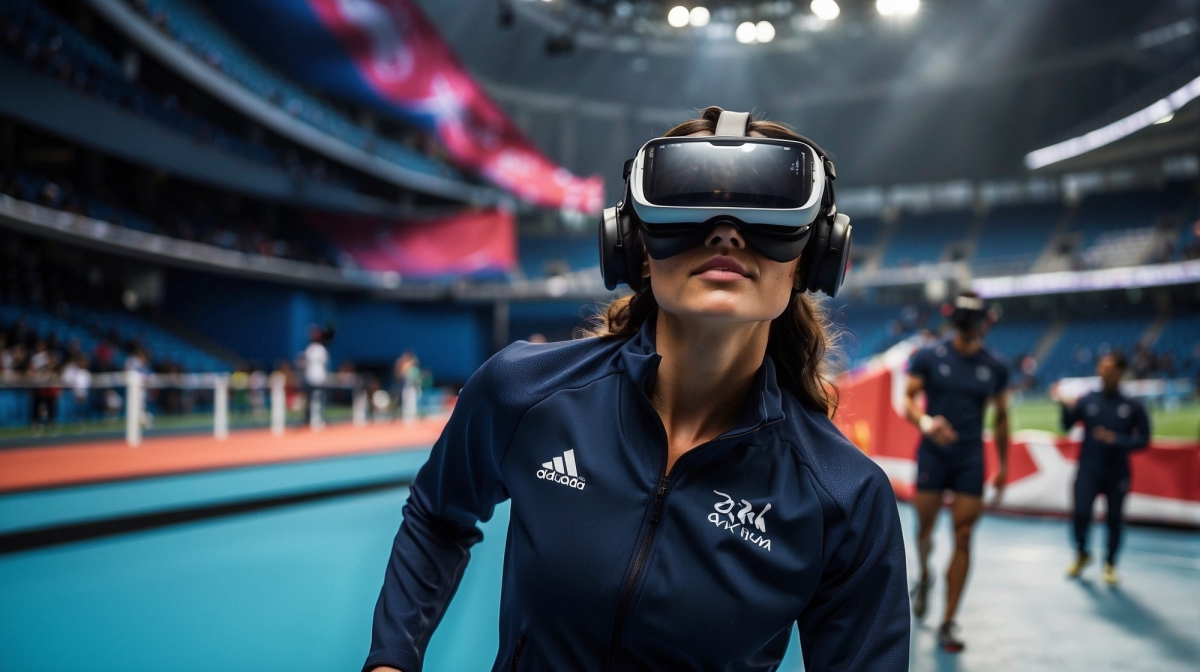 Image 1: An Olympic athlete using virtual reality in a stadium (AI-generated). Image 1: An Olympic athlete using virtual reality in a stadium (AI-generated).
